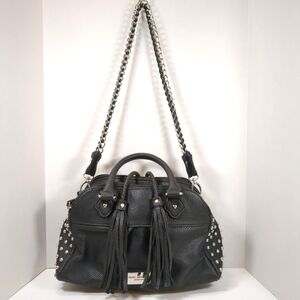 Black Leather Handbag w Tassel, Studded & Chain Details 14" X 9" Very Chic!